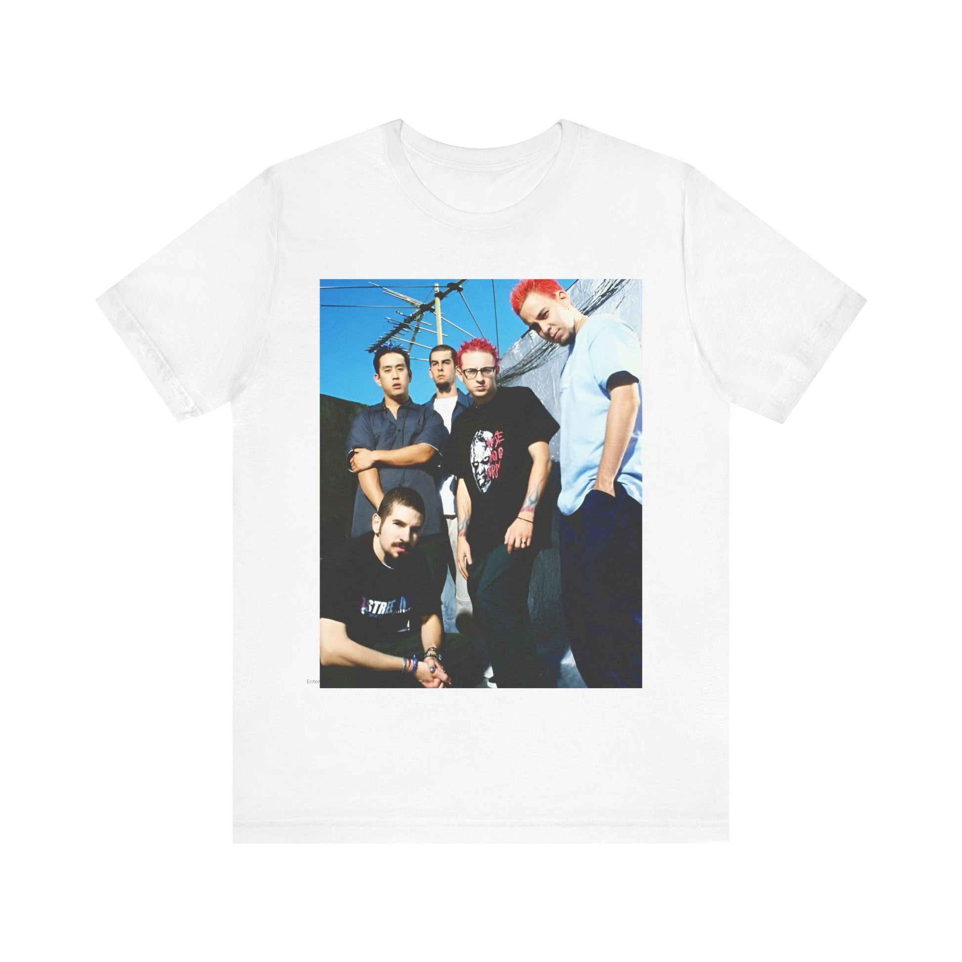 A black graphic t-shirt featuring a graphic of Linkin Park as a global nu rock phenomenon.