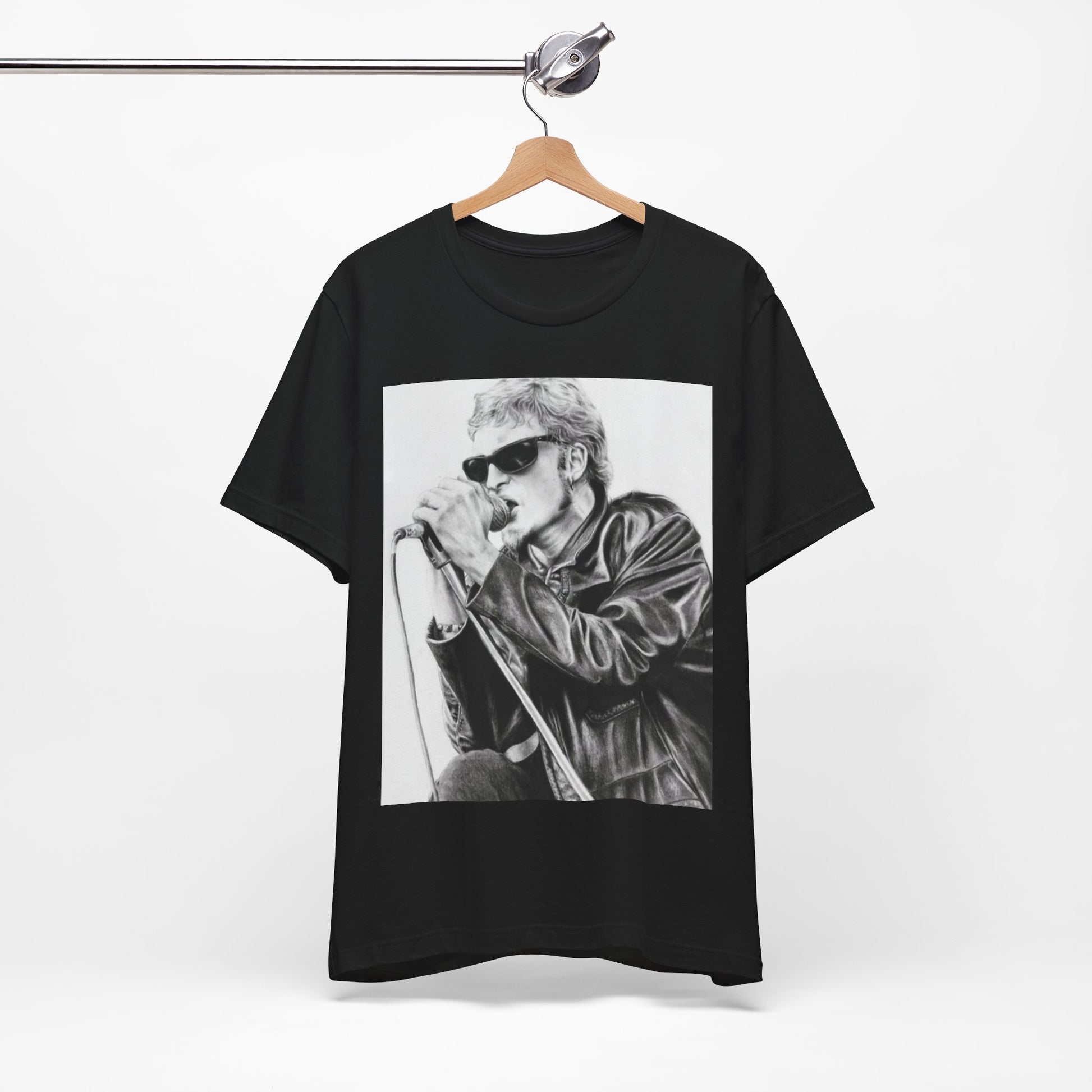 A black graphic t-shirt featuring a photo of Layne Staley from Alice In Chains performing live in concert, showing his intense stage presence.