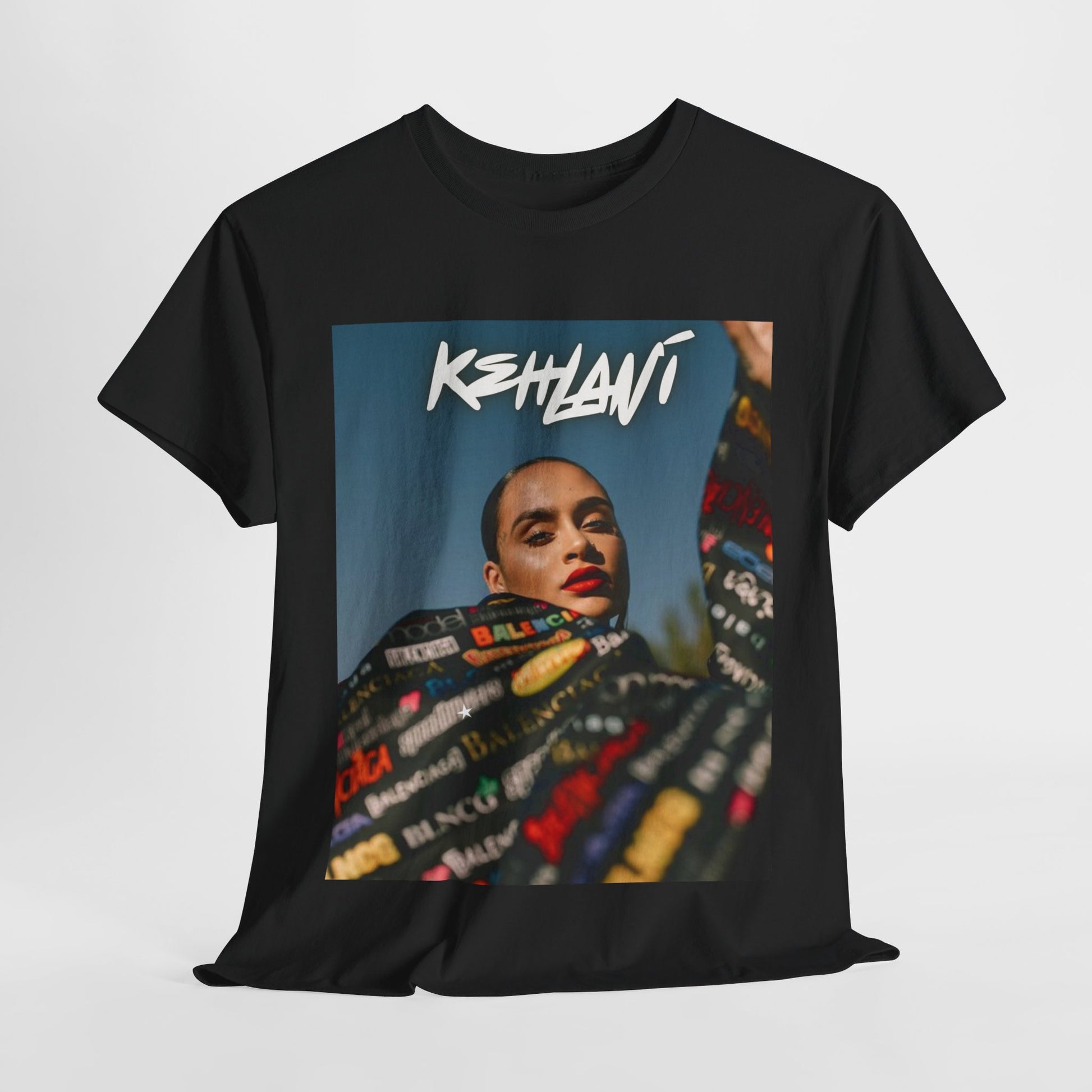 A black graphic t-shirt featuring a retro aesthetic graphic of Kehlani.