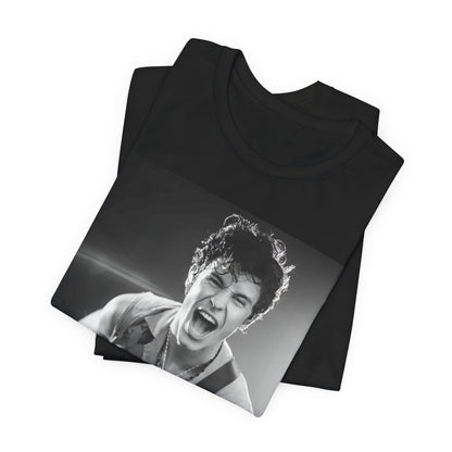 A black graphic t-shirt featuring a black and white photo of Shawn Mendes, emphasizing his charm.