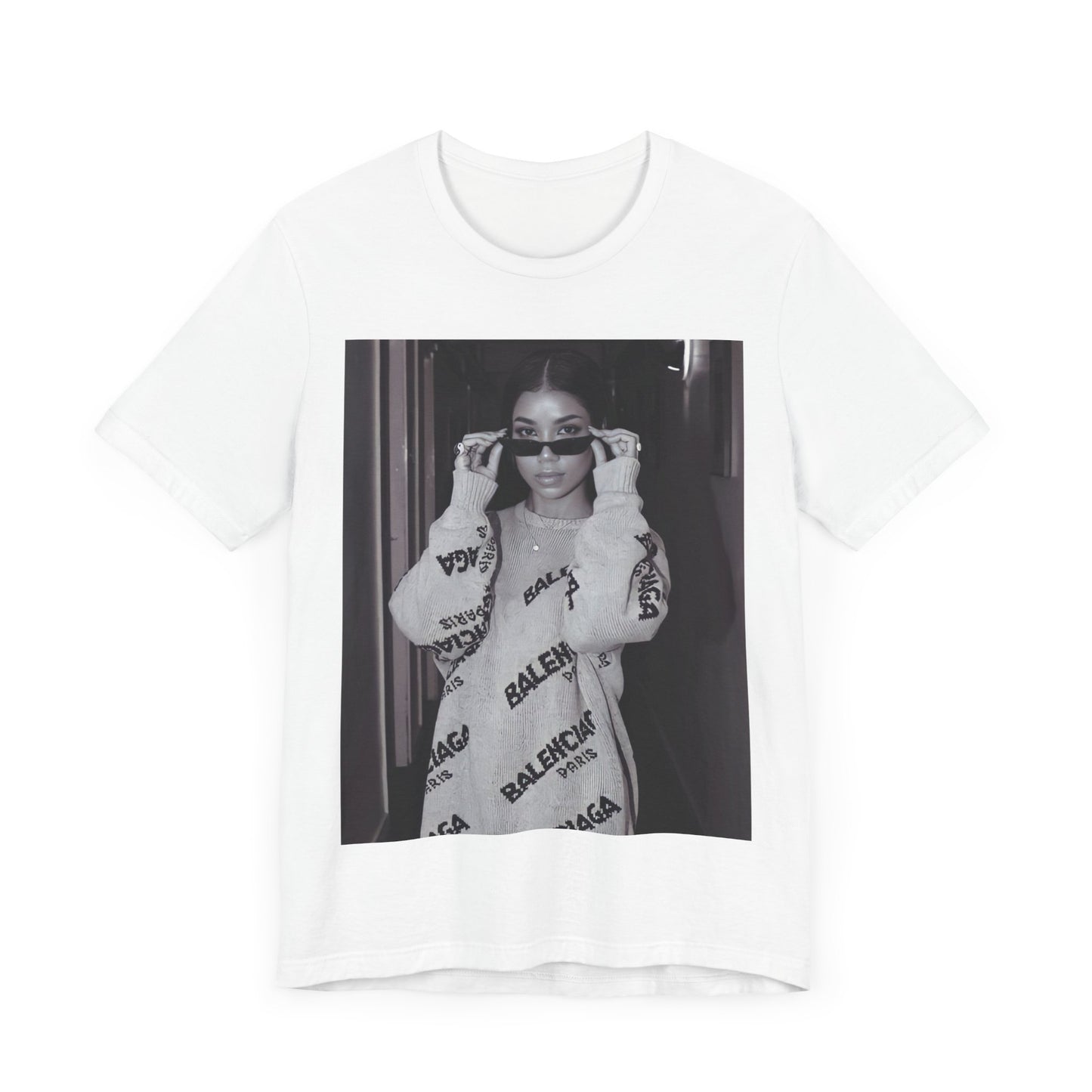 A black graphic t-shirt featuring a black and white, monochrome graphic or photo of Jhene Aiko.