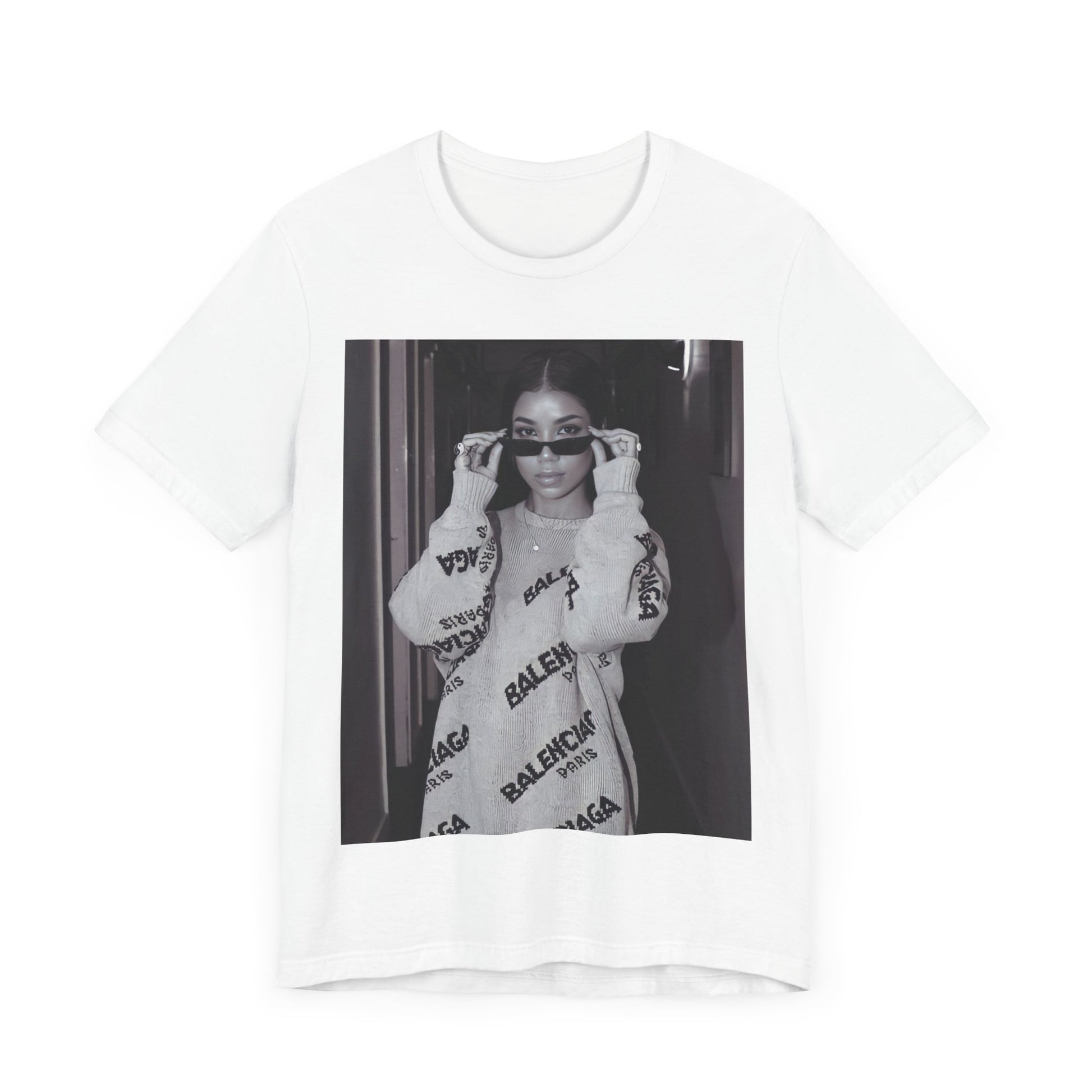 A black graphic t-shirt featuring a black and white, monochrome graphic or photo of Jhene Aiko.
