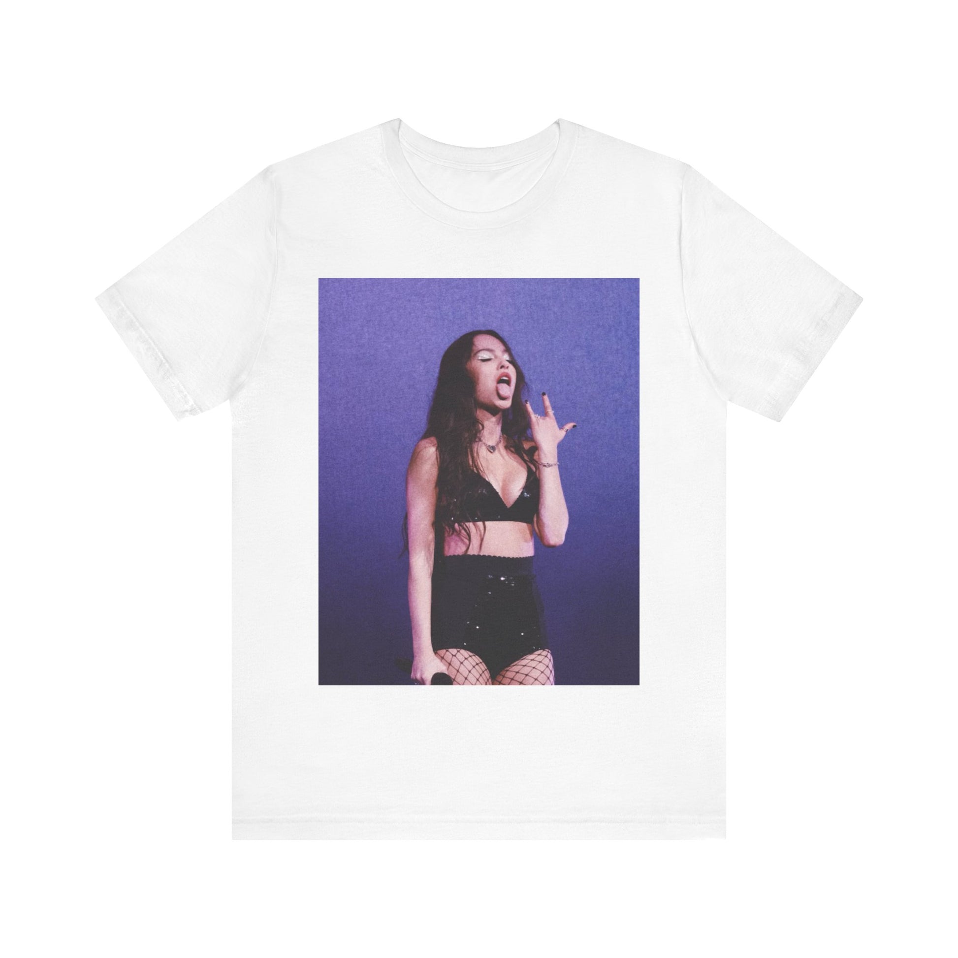 A black graphic t-shirt featuring a vintage alt pop graphic of Olivia Rodrigo.