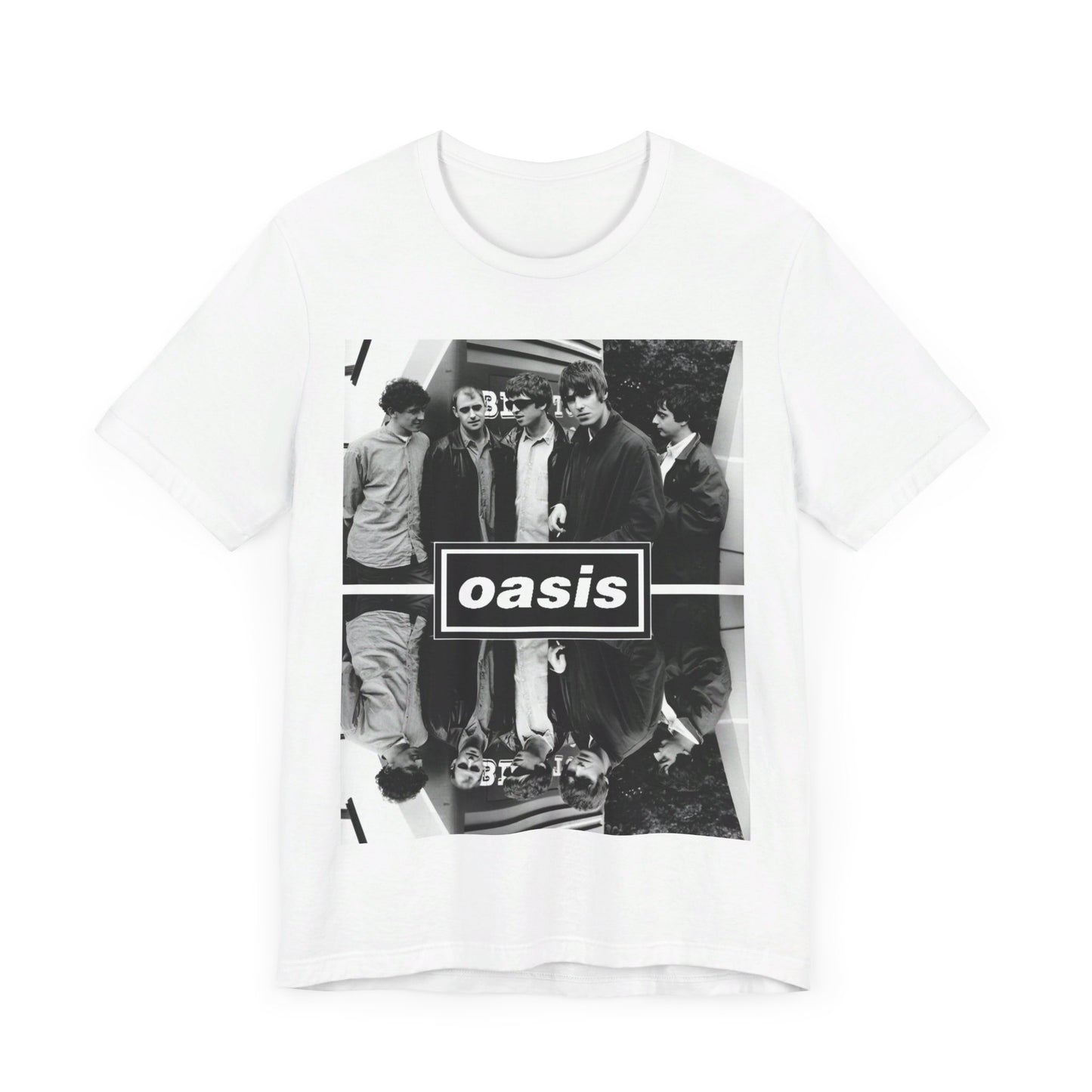 A black graphic t-shirt featuring an early days band photo graphic of Oasis.