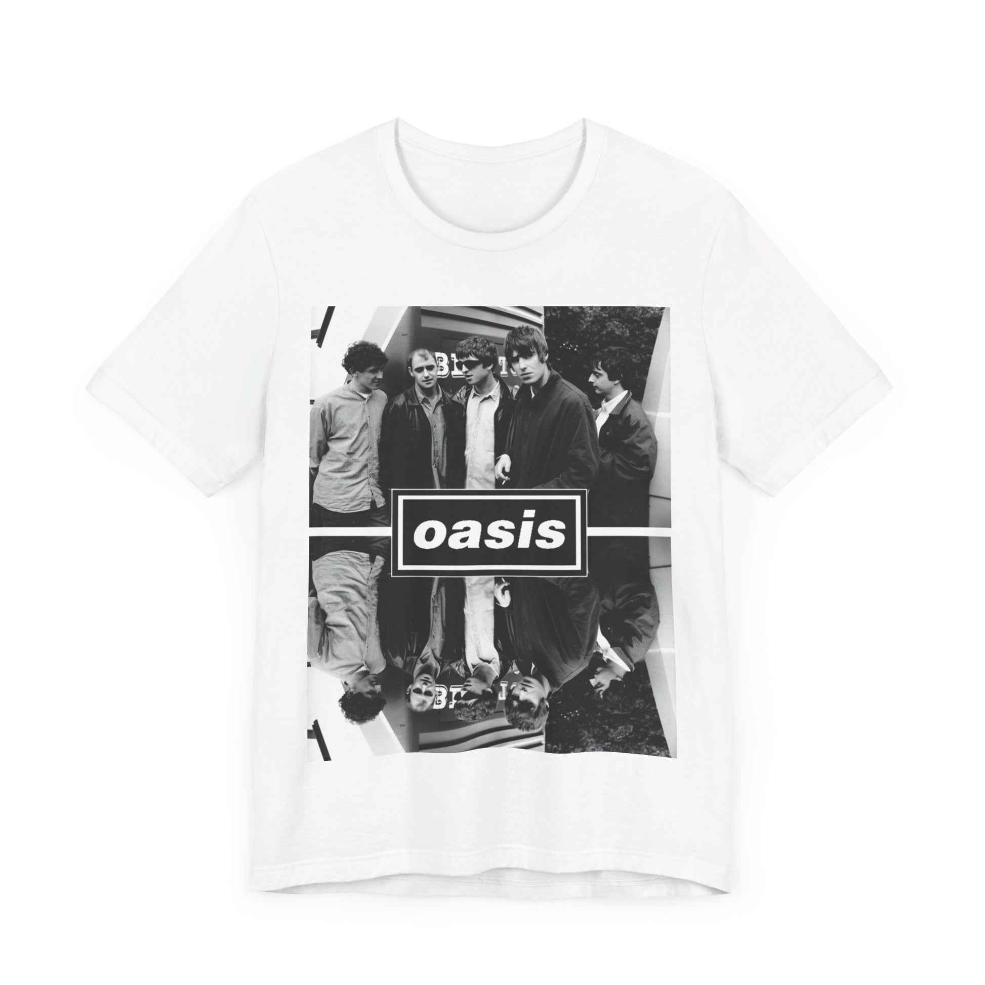A black graphic t-shirt featuring an early days band photo graphic of Oasis.