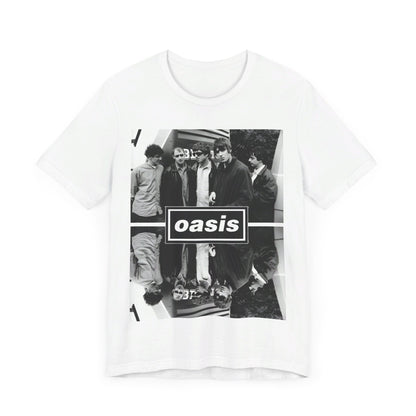 A black graphic t-shirt featuring an early days band photo graphic of Oasis.
