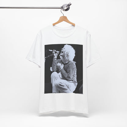 A black graphic t-shirt featuring a black and white graphic or photo of Radiohead performing live.