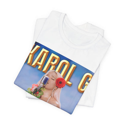A black graphic t-shirt featuring a graphic of Karol G as a classic Latin pop queen.