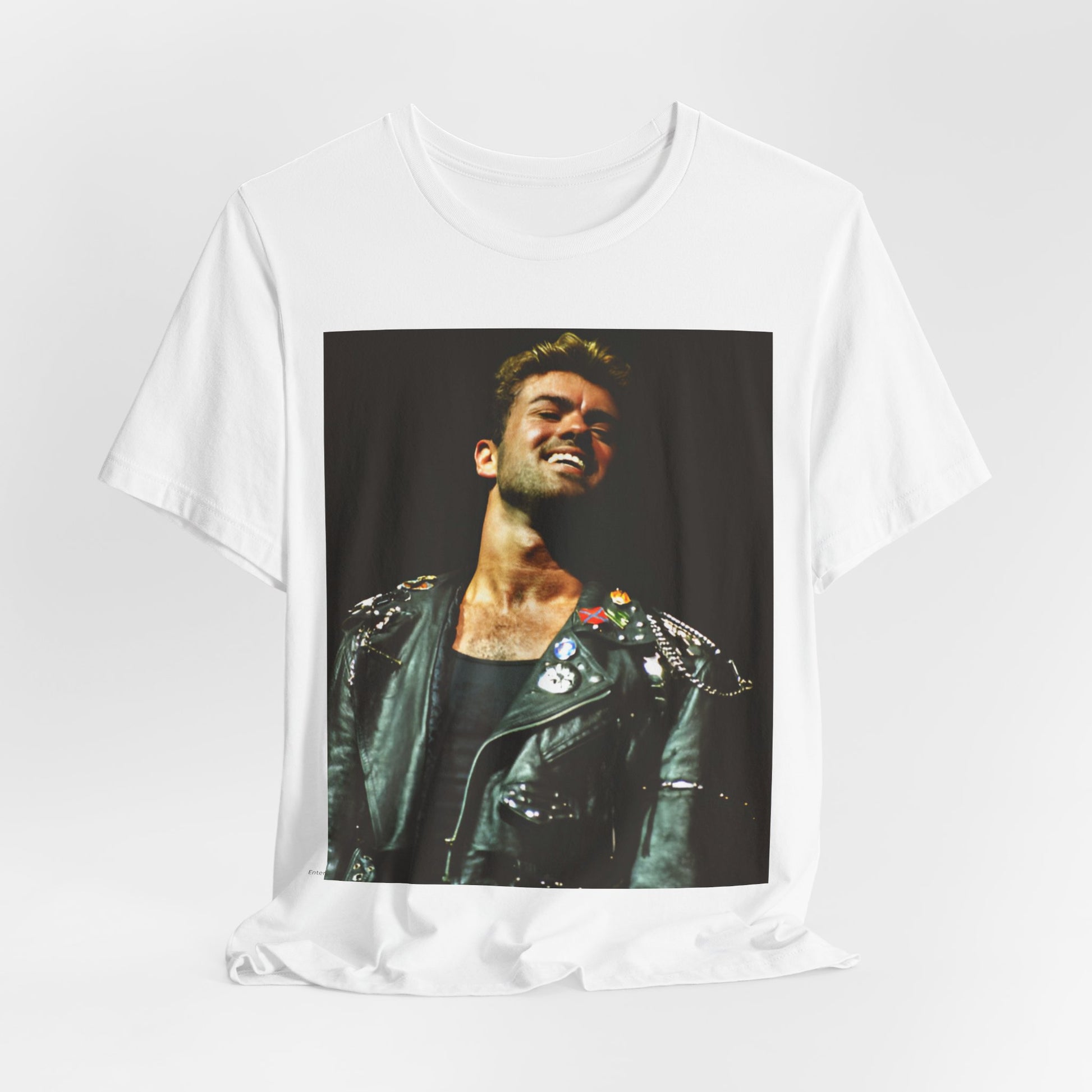 A black graphic t-shirt featuring a graphic related to George Michael's 'Careless Whisper' song or era.