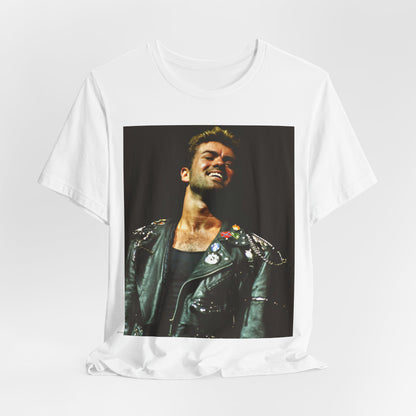 A black graphic t-shirt featuring a graphic related to George Michael's 'Careless Whisper' song or era.