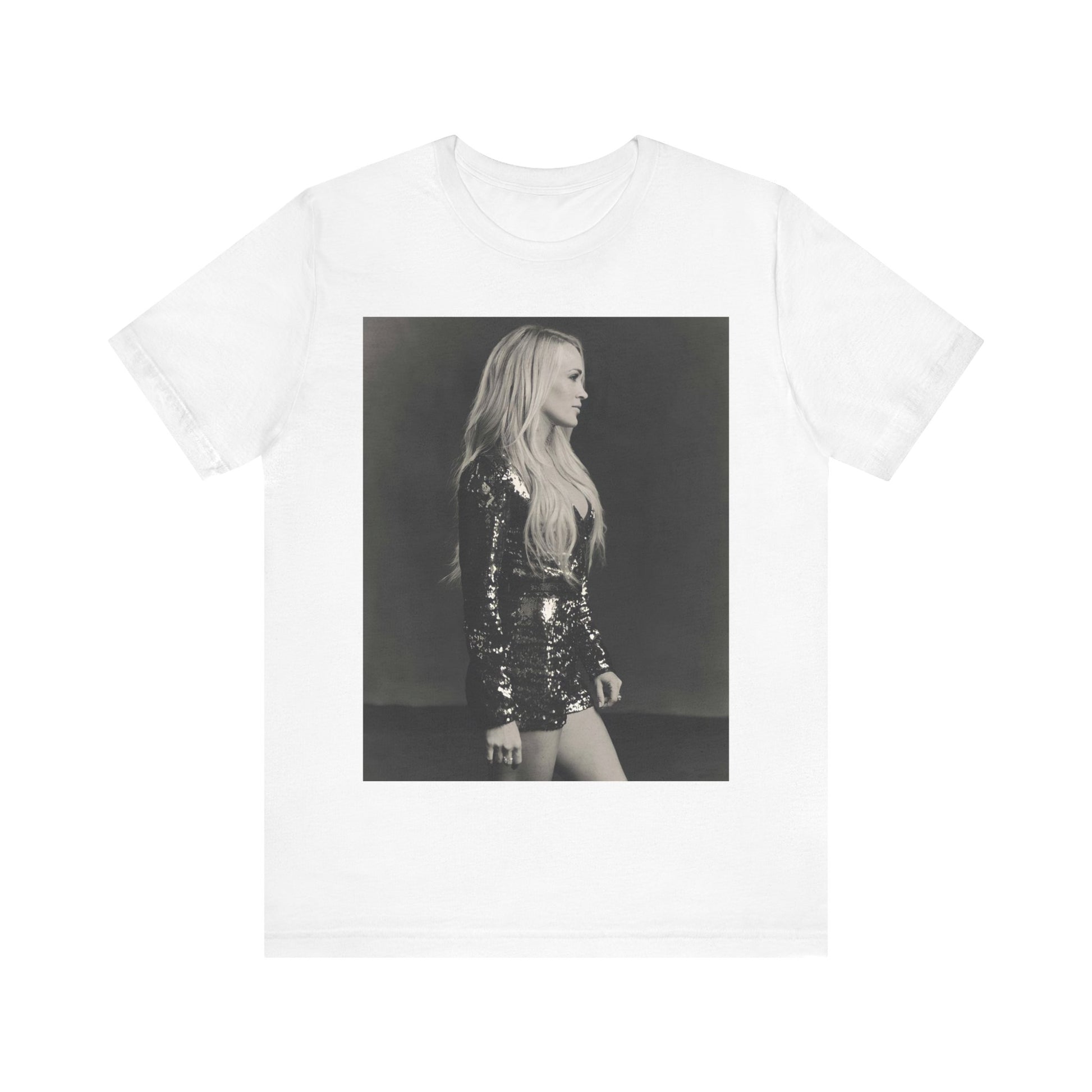 A black graphic t-shirt featuring a black and white photo of Carrie Underwood performing live on stage.