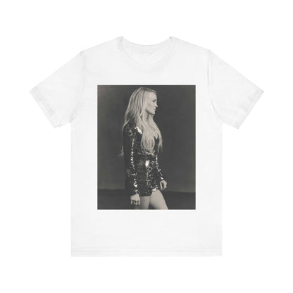 A black graphic t-shirt featuring a black and white photo of Carrie Underwood performing live on stage.