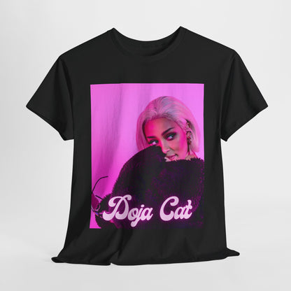 A black graphic t-shirt featuring a vintage Y2K pop aesthetic graphic of Doja Cat.