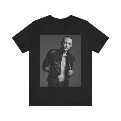 A black graphic t-shirt featuring a graphic of Chester Bennington from Linkin Park as a rock icon.