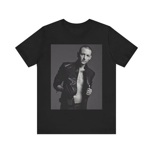 A black graphic t-shirt featuring a graphic of Chester Bennington from Linkin Park as a rock icon.