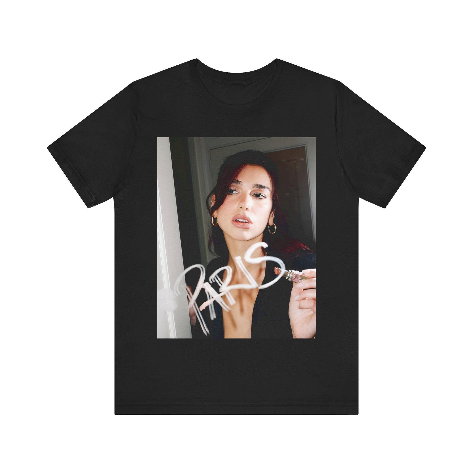 A black graphic t-shirt featuring a graphic of Dua Lipa, possibly with Parisian elements or a 'Paris' theme.