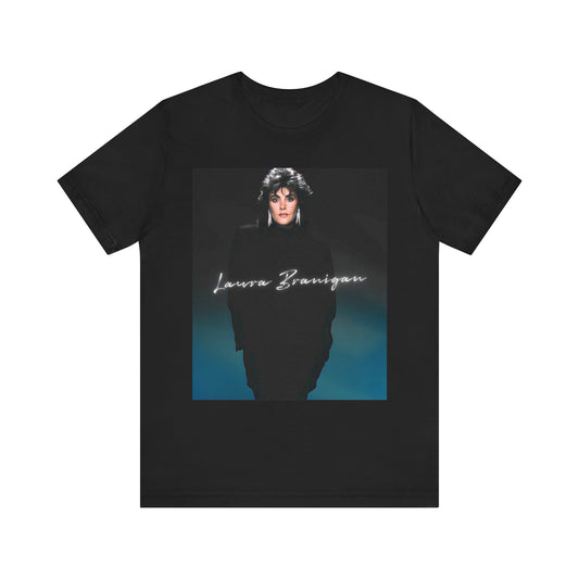 A black graphic t-shirt featuring a graphic of Laura Branigan as an 80s power ballad vocalist.
