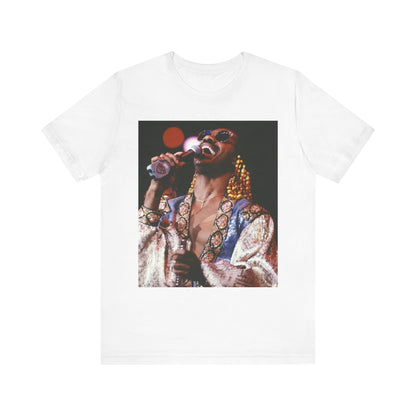 A black graphic t-shirt featuring a 70s vintage soul icon graphic of Stevie Wonder.