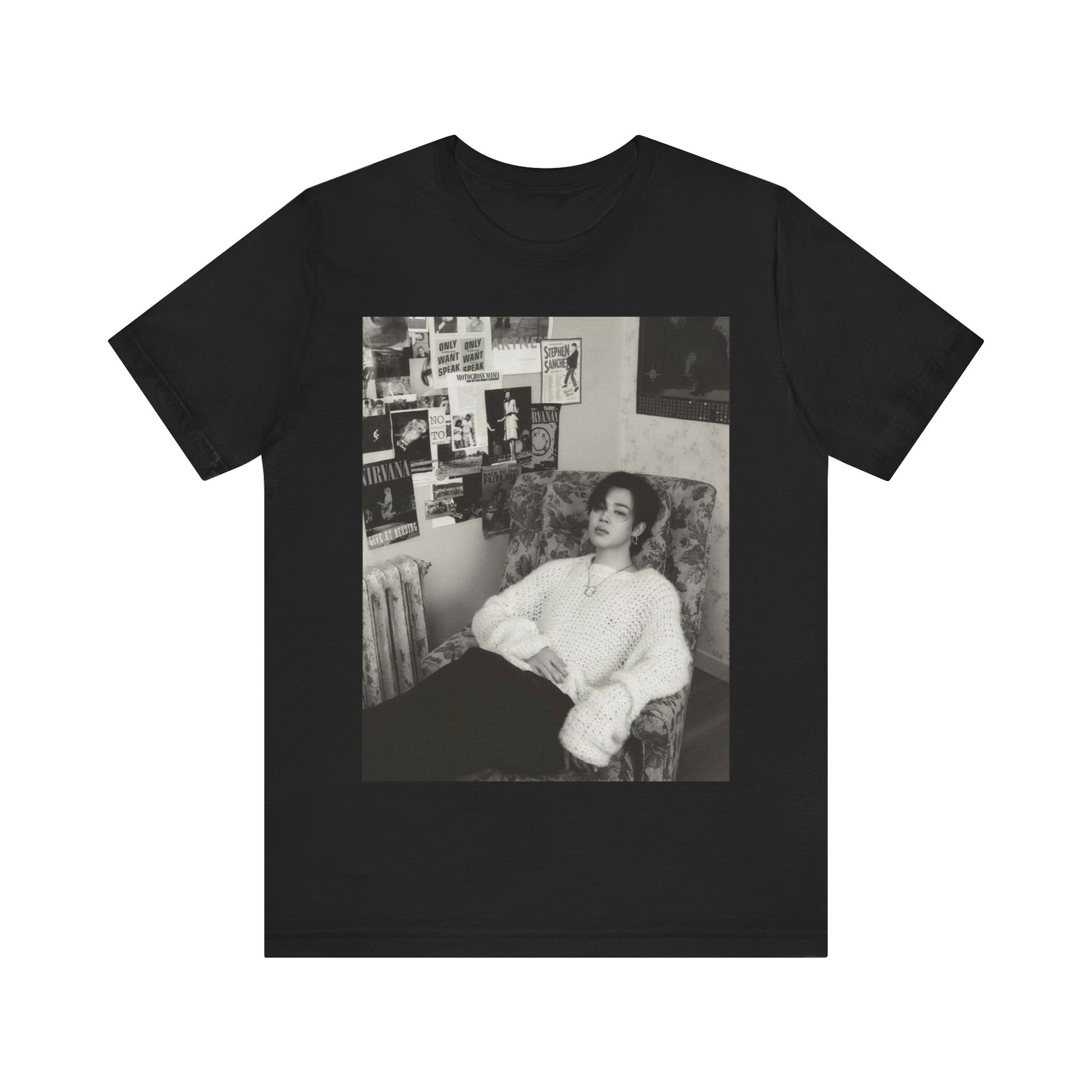 A black graphic t-shirt featuring a black and white portrait photo of Jimin.