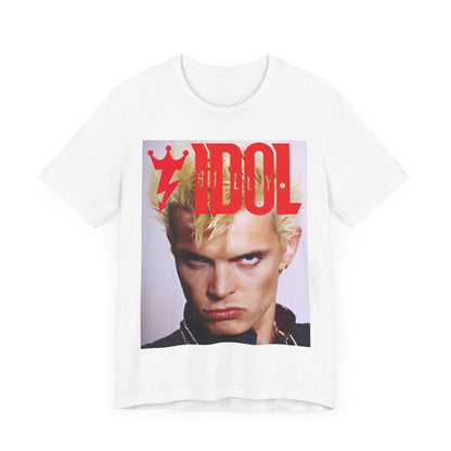 A black graphic t-shirt featuring a graphic inspired by Billy Idol's 'Rebel Yell' album or era.