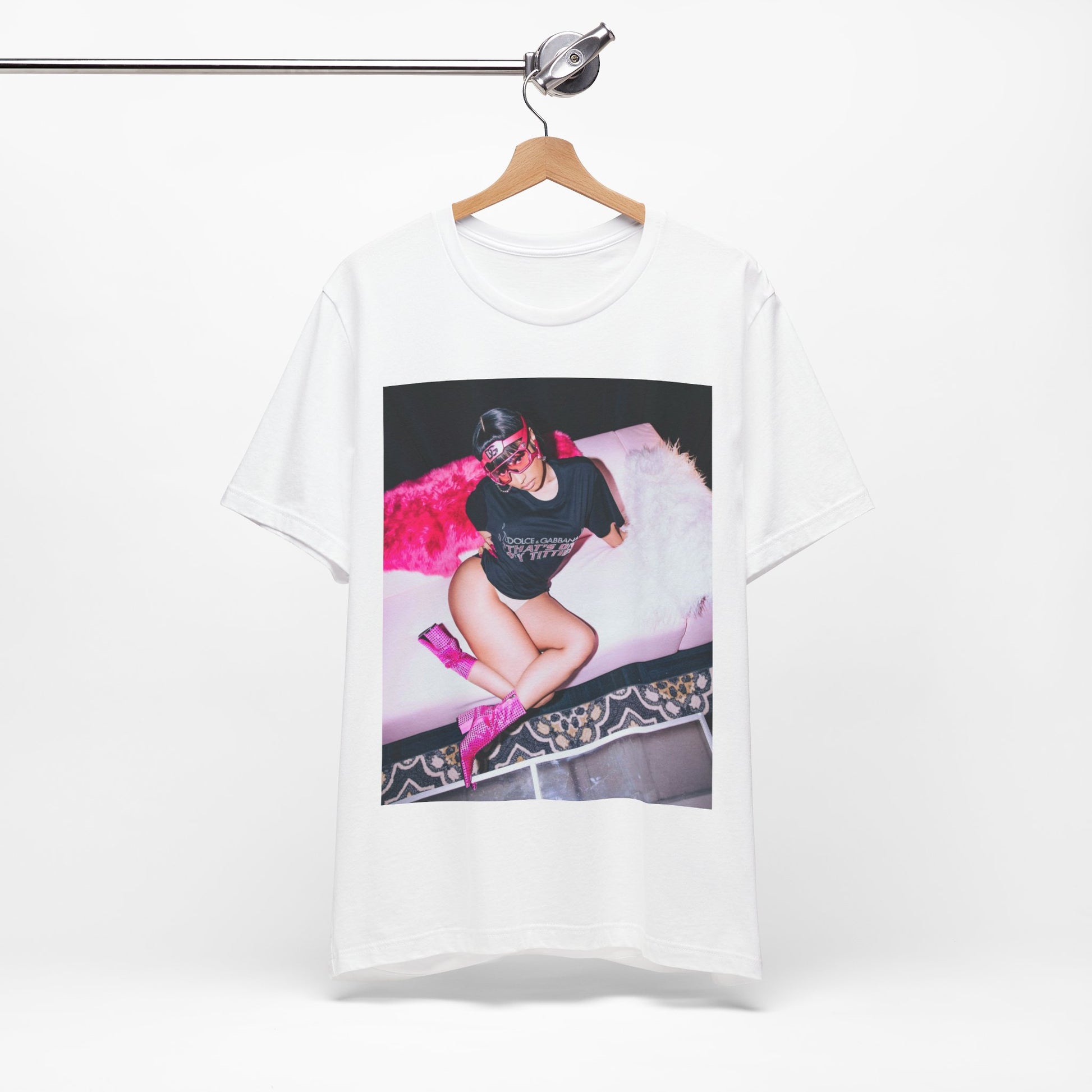 A black graphic t-shirt featuring a classic lifestyle graphic of Nicki Minaj.