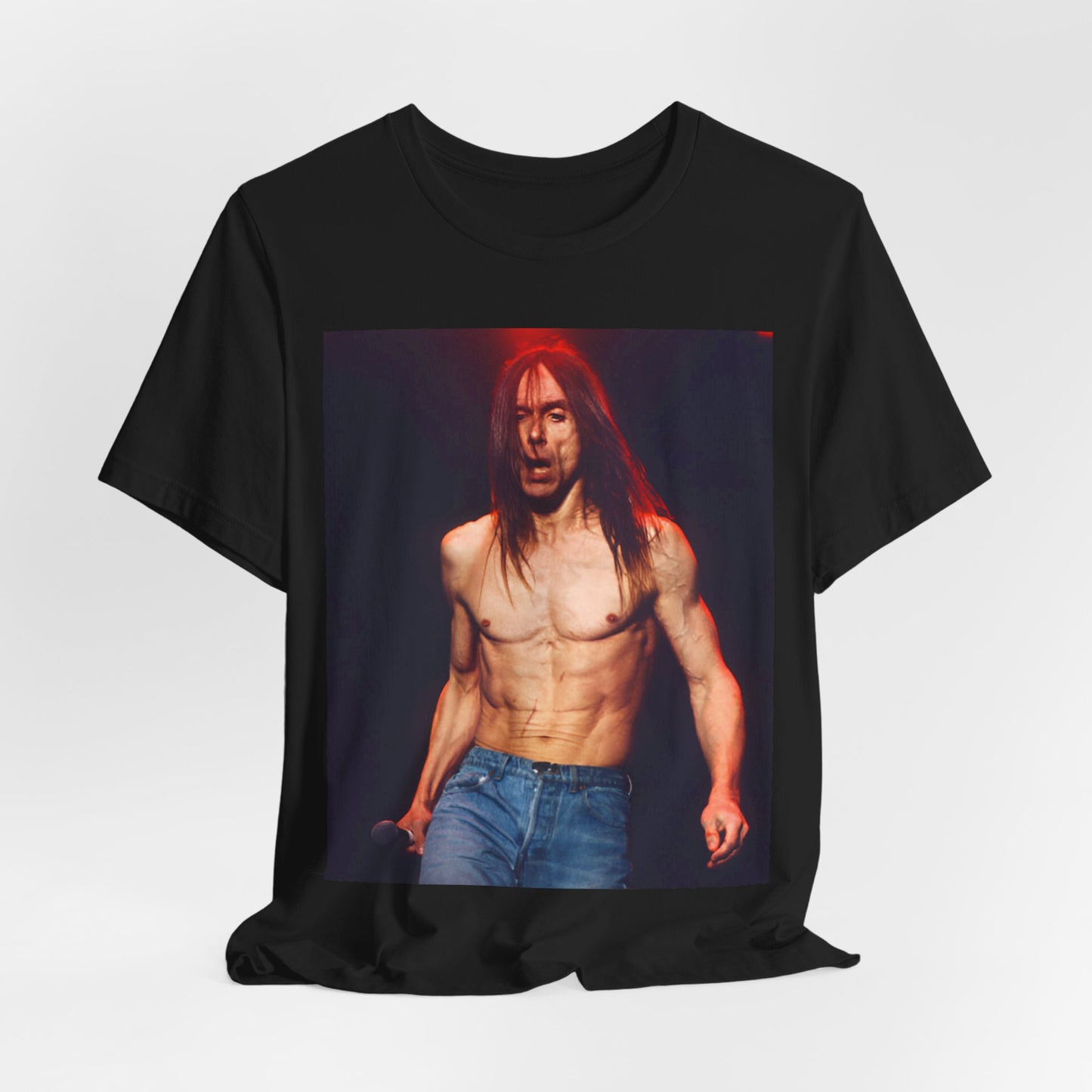 A black graphic t-shirt featuring a graphic related to Iggy Pop's 'Raw Power' era.