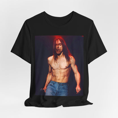 A black graphic t-shirt featuring a graphic related to Iggy Pop's 'Raw Power' era.
