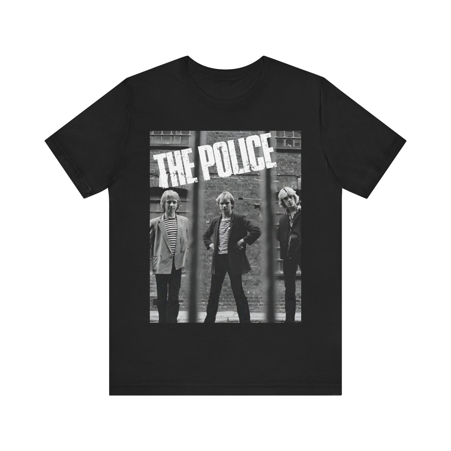 A black graphic t-shirt featuring a vintage new wave icon graphic of The Police.
