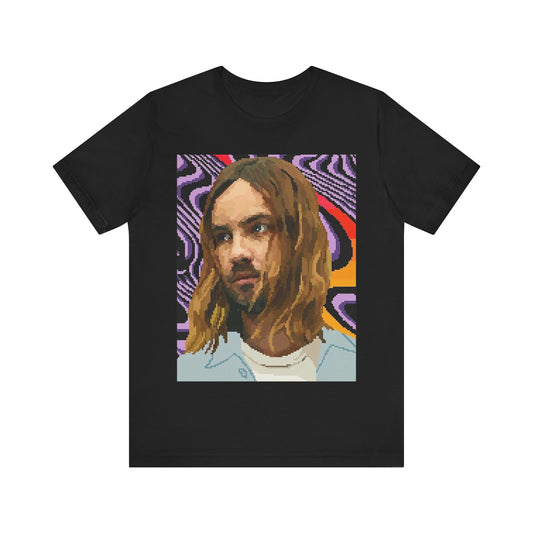 A black graphic t-shirt featuring a vintage graphic of Tame Impala with mind-bending visuals.