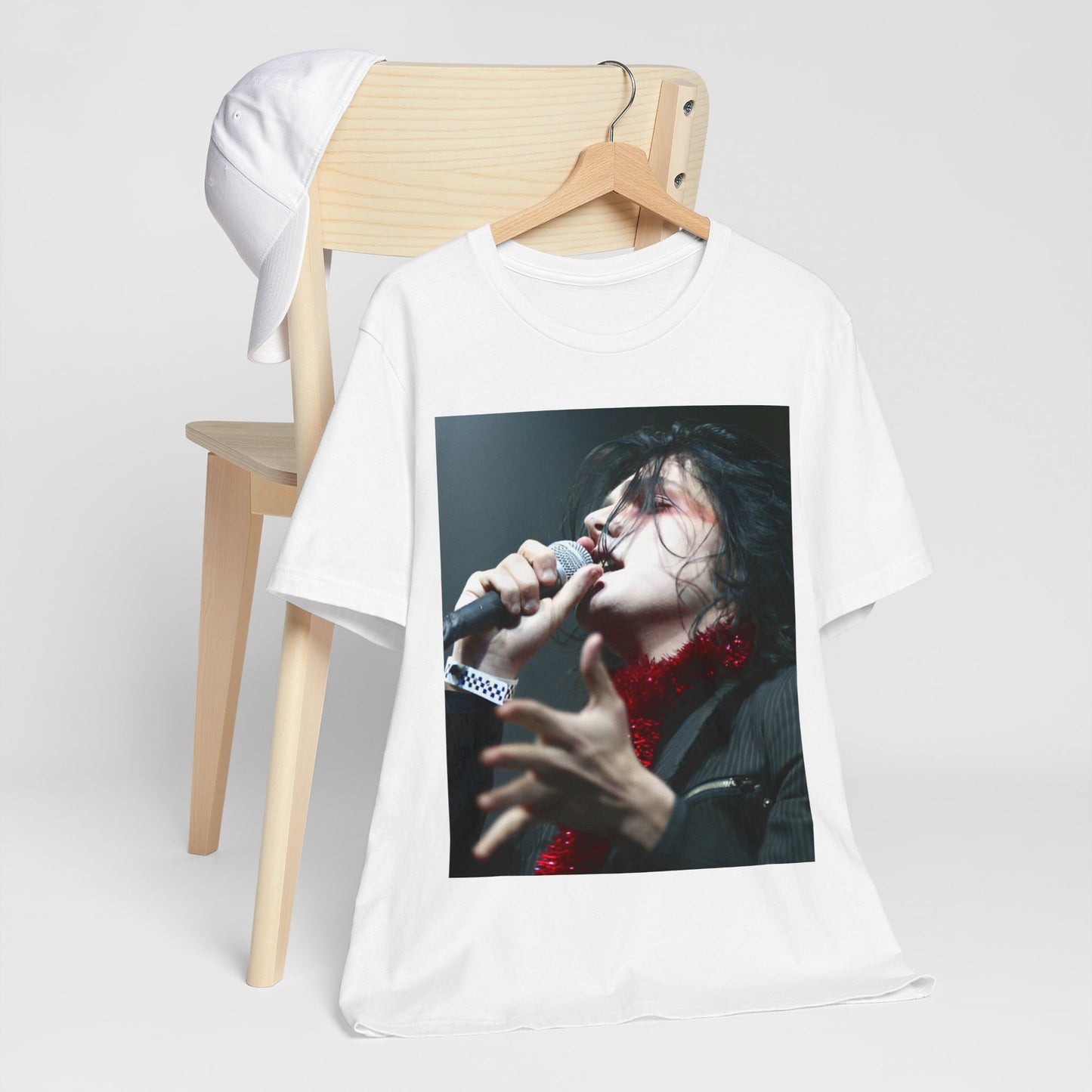 A black graphic t-shirt featuring an emo graphic of Gerard Way from My Chemical Romance.