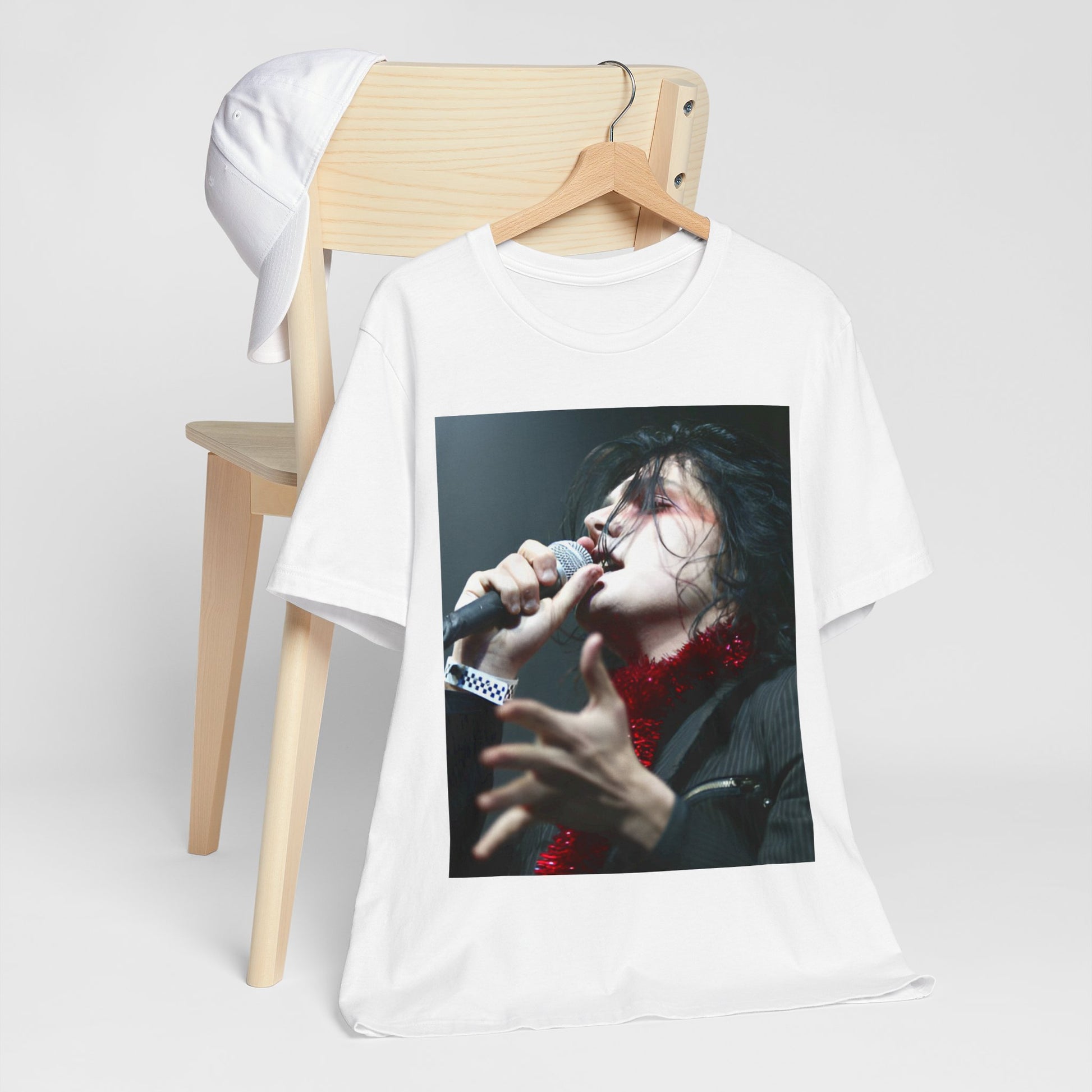 A black graphic t-shirt featuring an emo graphic of Gerard Way from My Chemical Romance.