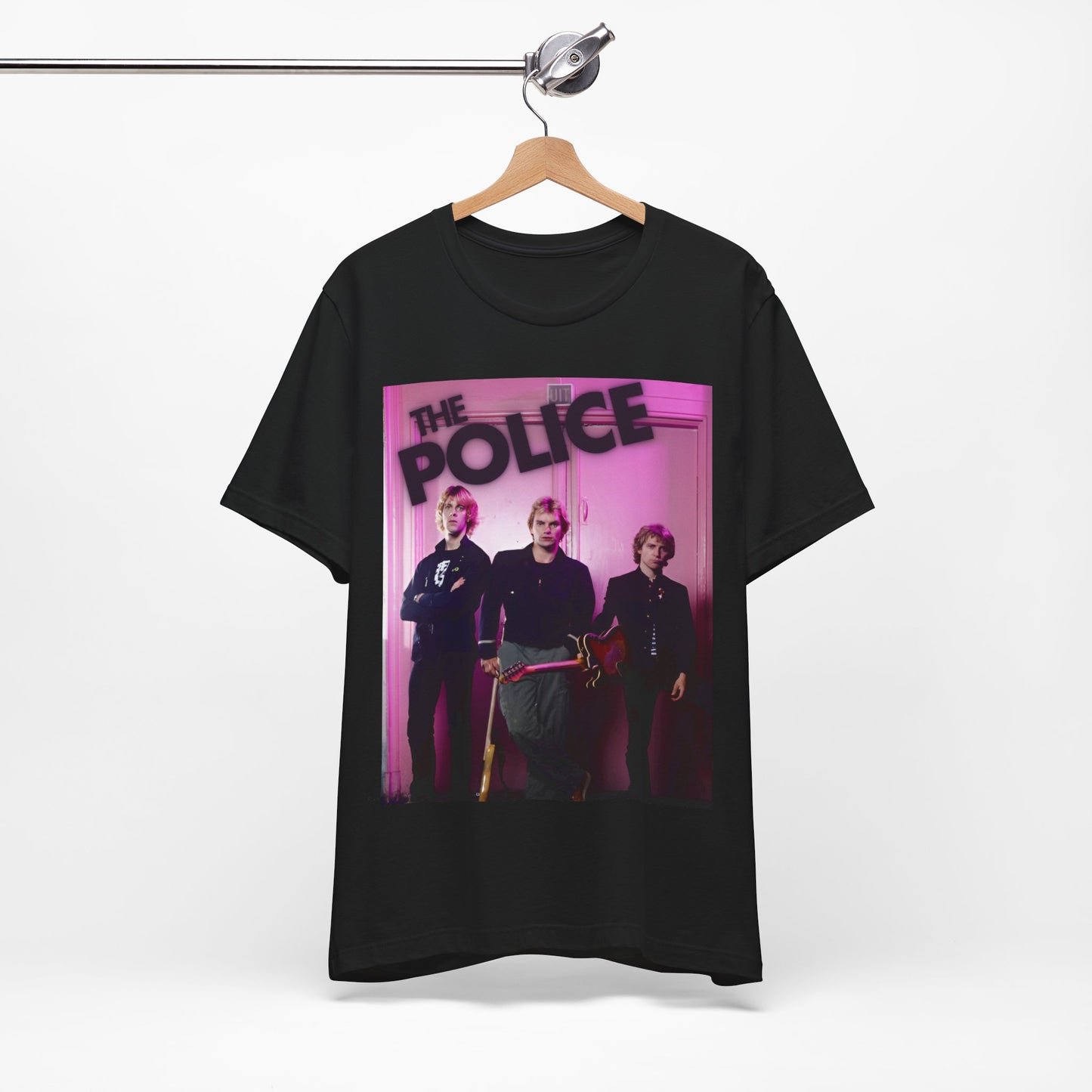A black graphic t-shirt featuring a classic graphic related to The Police's 'Roxanne' song or era.