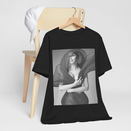 A black graphic t-shirt featuring a black and white graphic of Cardi B, emphasizing her 'Bronx Princess' or rap icon status.