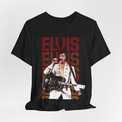 A black graphic t-shirt featuring a graphic related to Elvis Presley's '68 Comeback Special'.