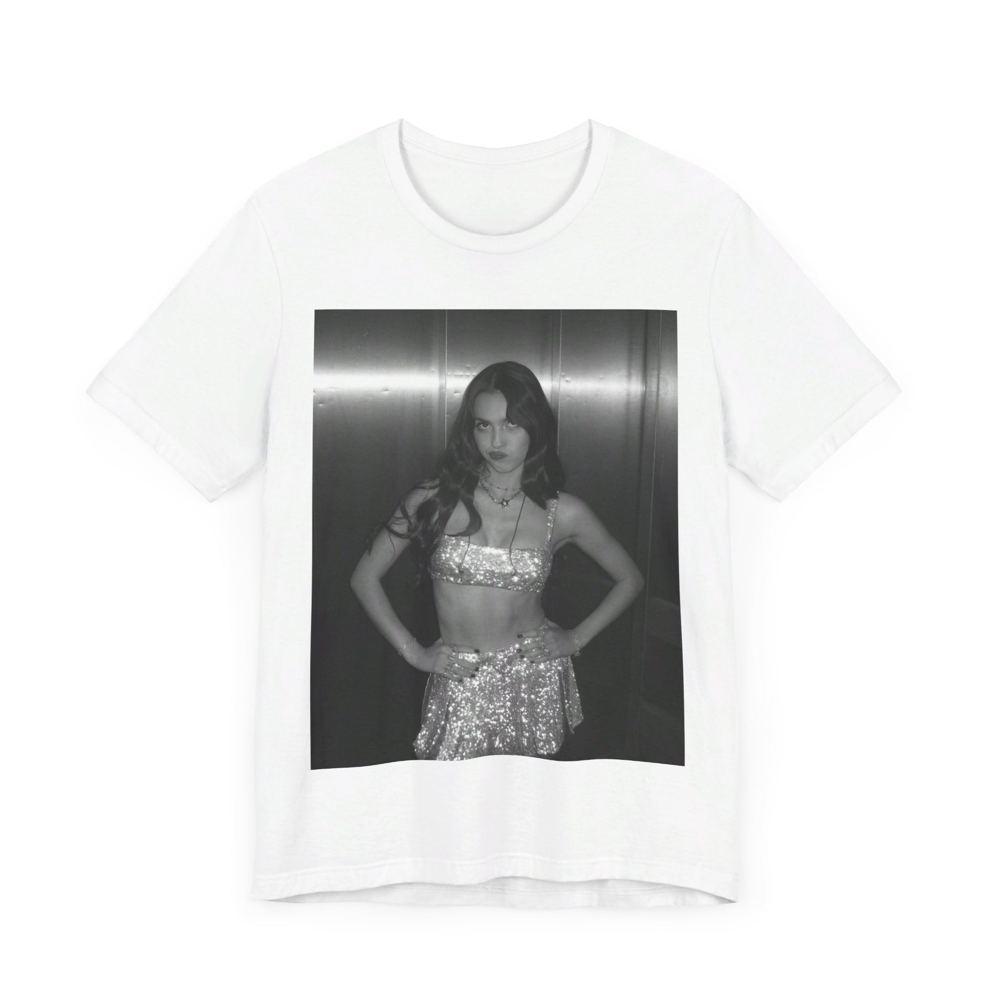 A black graphic t-shirt featuring a black and white portrait photo of Olivia Rodrigo.