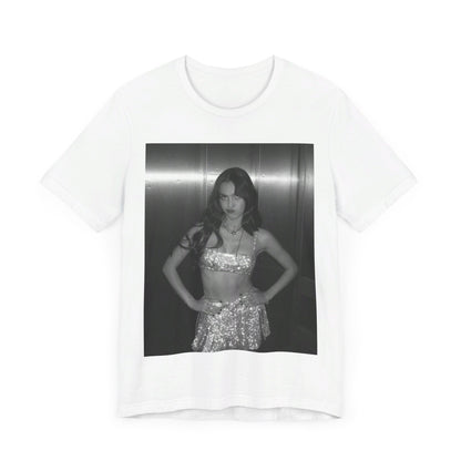 A black graphic t-shirt featuring a black and white portrait photo of Olivia Rodrigo.