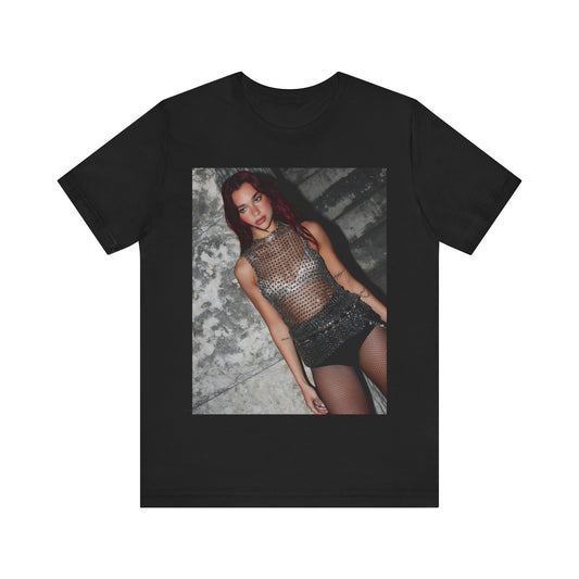 A black graphic t-shirt featuring a graphic of Dua Lipa as a disco queen, with an aesthetic design.