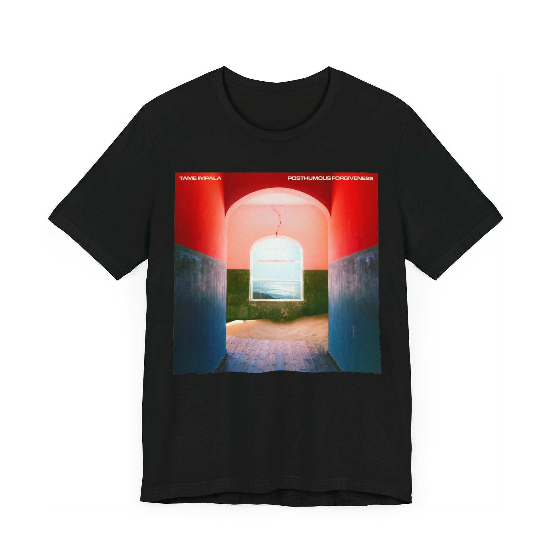 A black graphic t-shirt featuring a graphic related to Tame Impala's song 'Posthumous Forgiveness'.