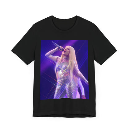 A black graphic t-shirt featuring a photo or illustration of Ava Max performing on stage, with a glittering or sparkling effect.