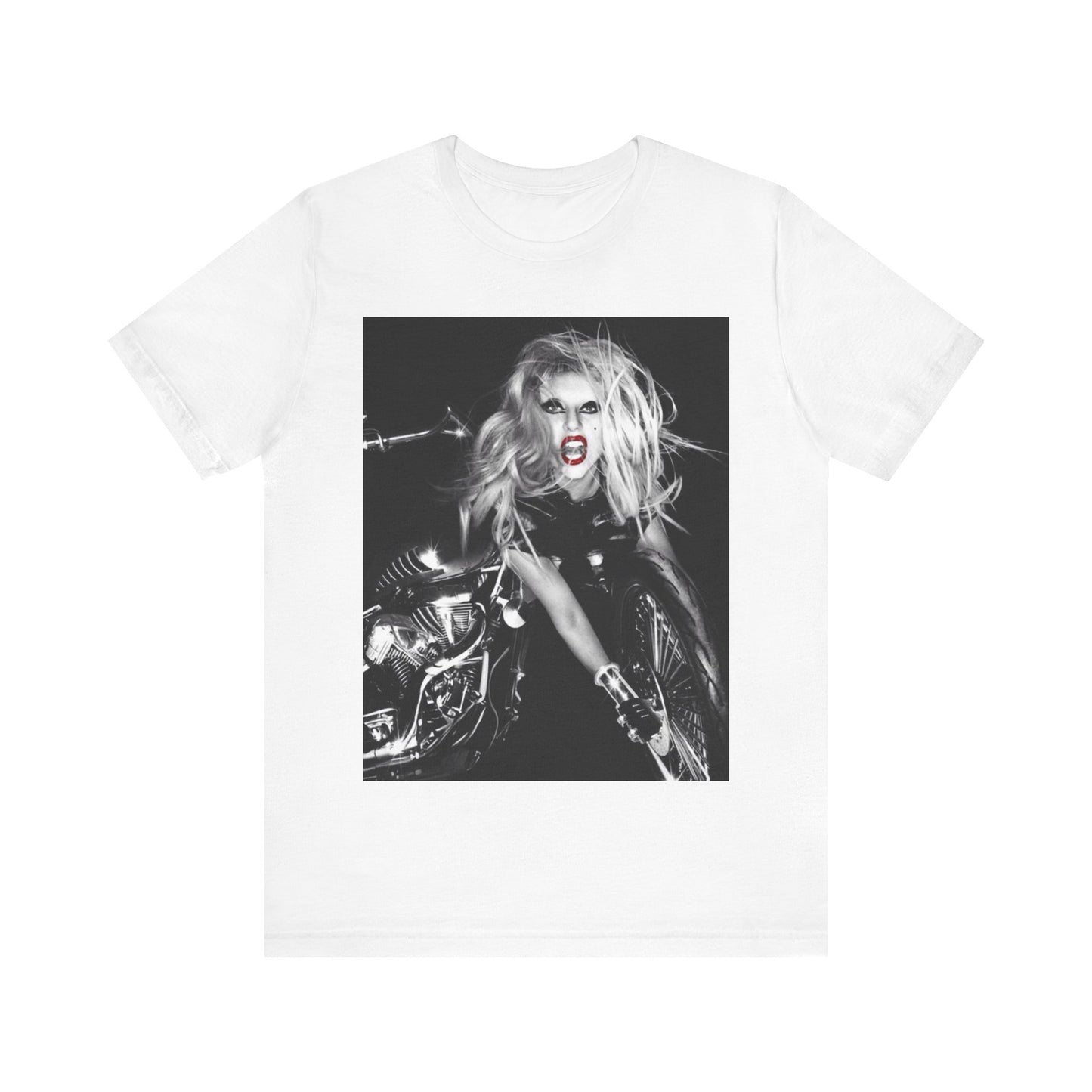 A black graphic t-shirt featuring a vintage black and white pop icon graphic of Lady Gaga.