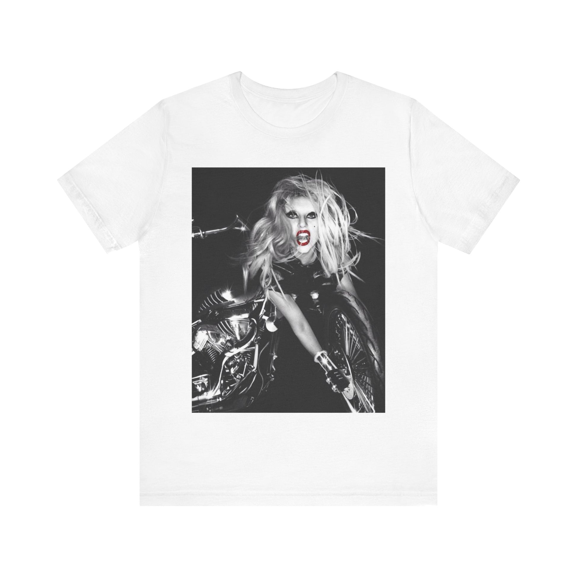 A black graphic t-shirt featuring a vintage black and white pop icon graphic of Lady Gaga.