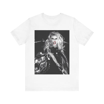 A black graphic t-shirt featuring a vintage black and white pop icon graphic of Lady Gaga.