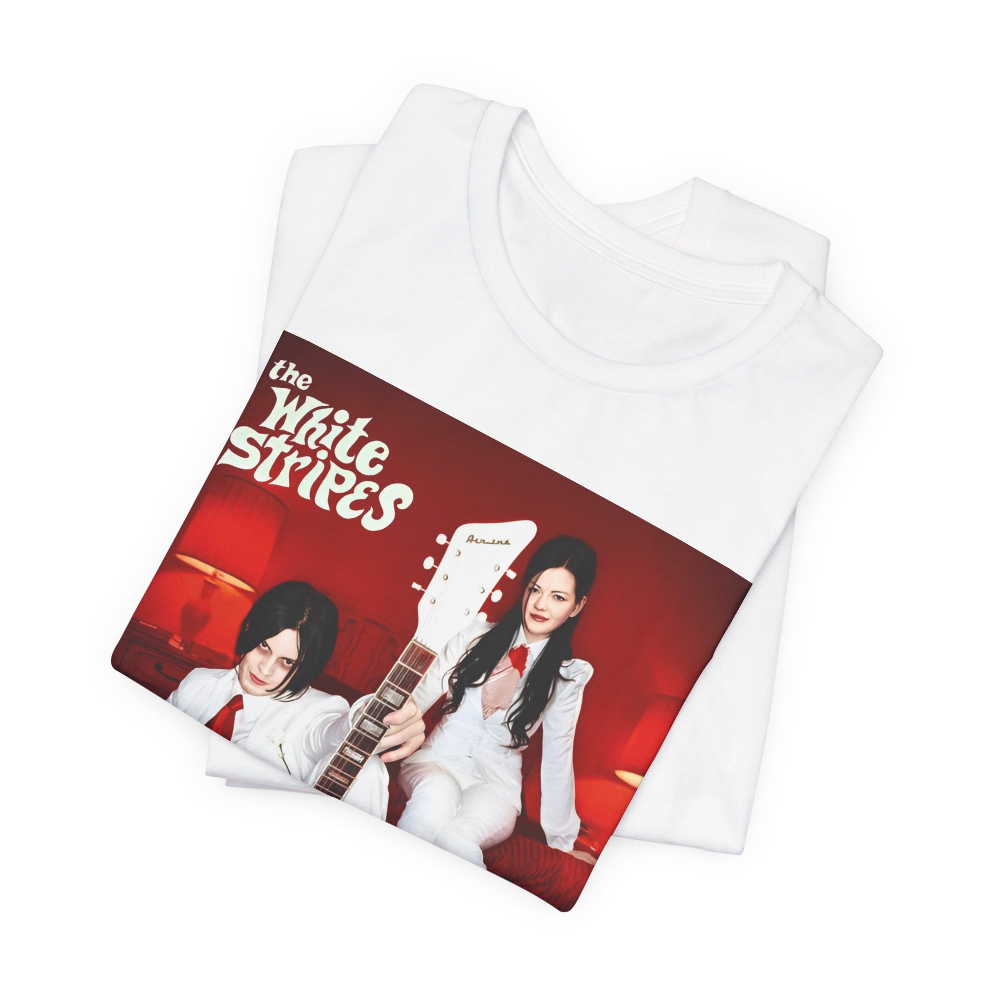 A black graphic t-shirt featuring a graphic related to The White Stripes' 'Seven Nation Army' song or era.