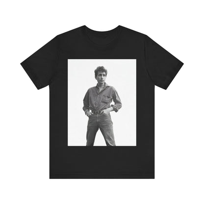 A black graphic t-shirt featuring a vintage 60s folk aesthetic graphic of Bob Dylan.