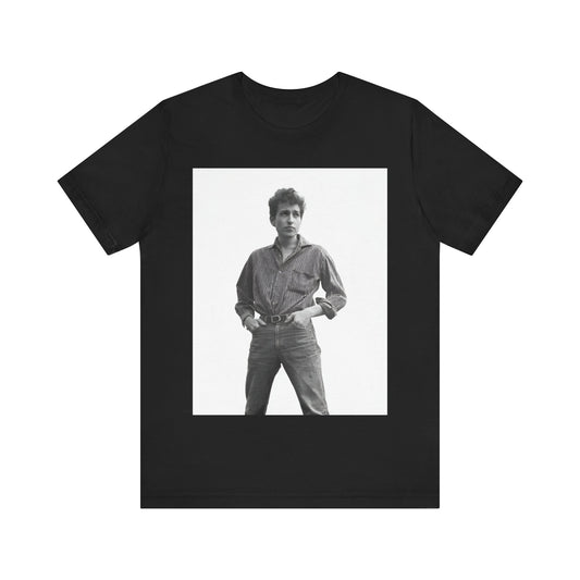 A black graphic t-shirt featuring a vintage 60s folk aesthetic graphic of Bob Dylan.
