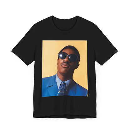 A black graphic t-shirt featuring a vintage graphic related to Stevie Wonder's 'Superstition' song or era.