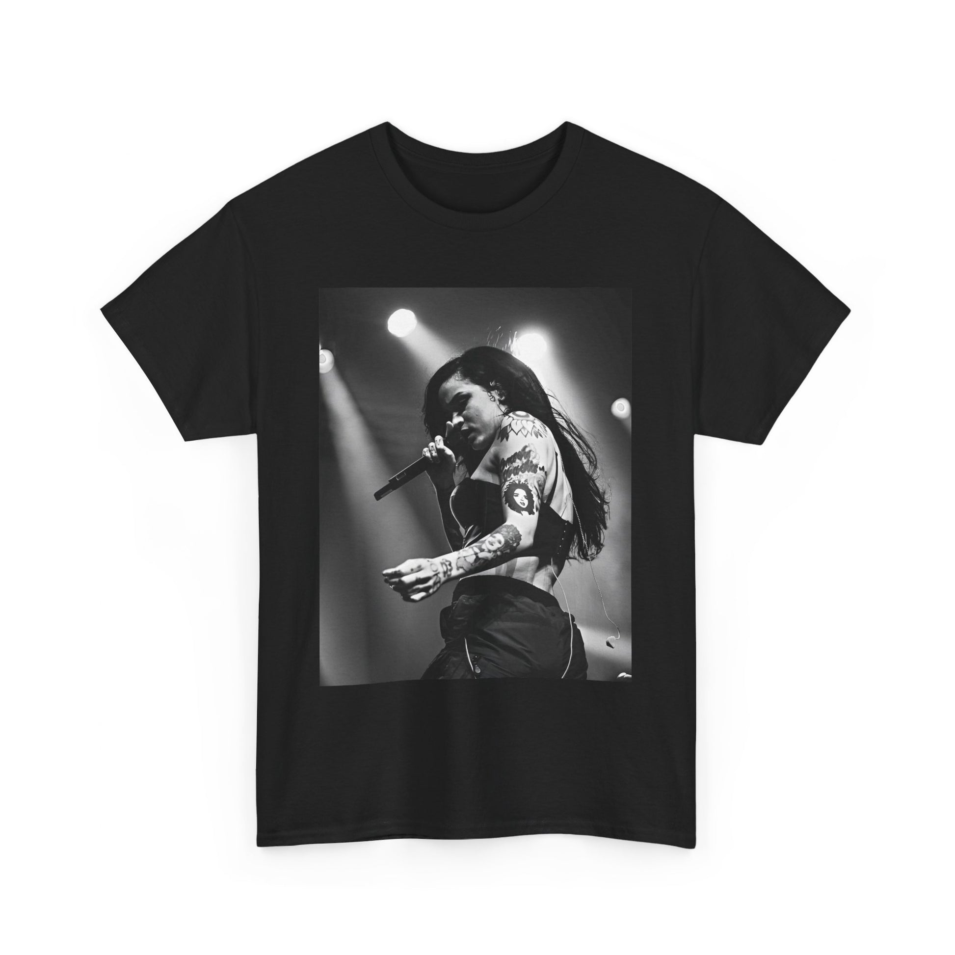 A black graphic t-shirt featuring a glamorous graphic or photo of Kehlani performing on stage.