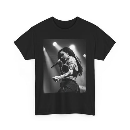 A black graphic t-shirt featuring a glamorous graphic or photo of Kehlani performing on stage.