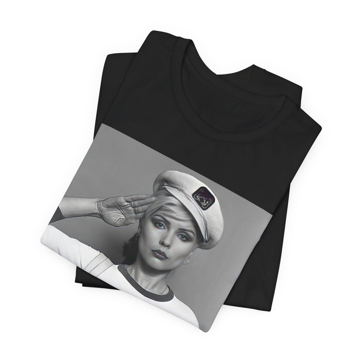 A black graphic t-shirt featuring a classic black and white graphic of the band Blondie.