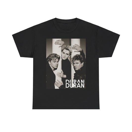 A black graphic t-shirt featuring a graphic related to Duran Duran's 'The Wild Boys' song or era.